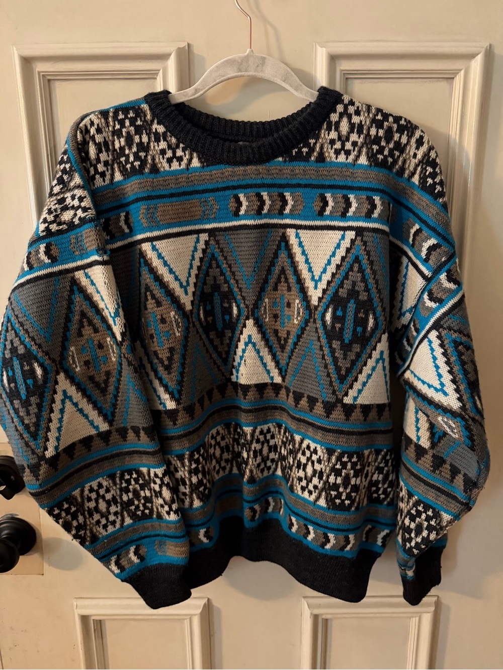 RARE-Pre-1987 Cuggi/Coogi Men's Geometric Pattern Crewneck Sweater - Blue & Gray